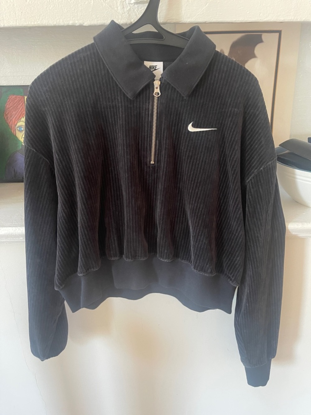 Nike Black Corduroy Half-Zip Pullover with White Swoosh